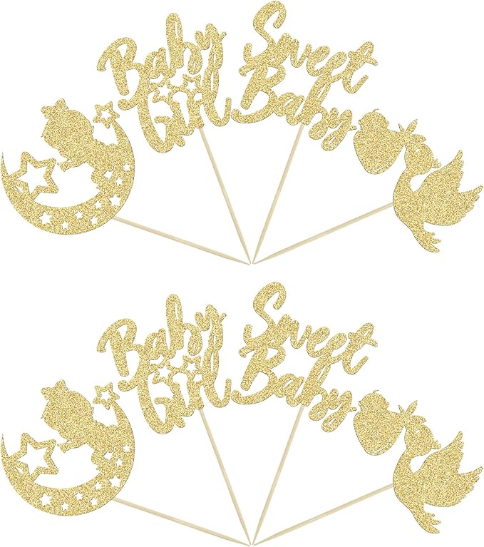 24Pcs Babyshower Girl Cupcake Toppers Glitter Moon Star Sweet Baby Gender Reveal Cupcake Picks Baby Shower Kids Girls Birthday Party Cake Decorations Supplies Gold