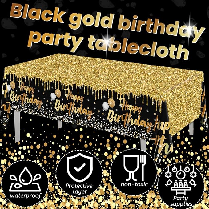 3 Pack Happy Birthday Tablecloths Black and Gold Tablecloth Plastic Table Cover Rectangular Birthday Table Cloth for Women Men Baby Shower Party Supplies