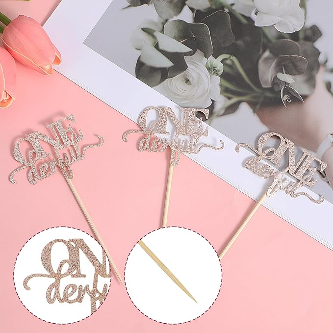 36 Pack Onederful Birthday Cupcake Topper for Girls, Glitter Rose Gold 1st Birthday Cake Topper Girl Cute Onederful Birthdays Decorations for First Birthdays Baby Shower Theme Party