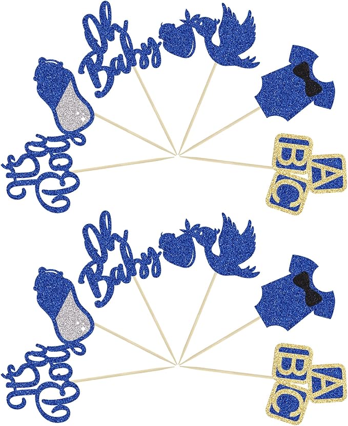 24Pcs Baby Shower Oh Baby Cupcake Toppers with Bow Onesie Bottle Boy Deep Blue Glitter Cake Picks Decorations for Baby Shower Gender Reveal It's a Boy Birthday Party Supplies