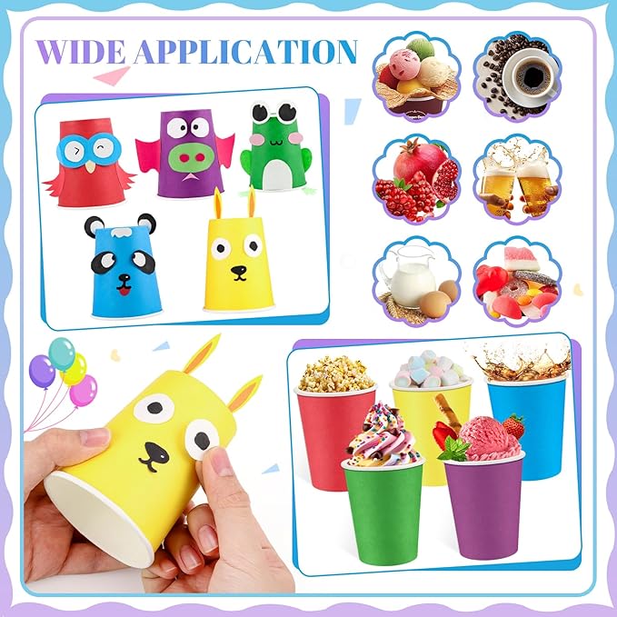 100 Pack Rainbow Paper Cups 9oz Colored Party Cup Disposable Paper Cups Bulk, Drinking Cup for Birthday Holiday Party Supplies, 5 Colors