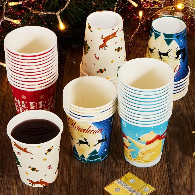 JOYIN Christmas 48 Pcs Paper Cup with Holiday Design, 9 oz Xmas Disposable Dinnerware Cups Party Supplies for Hot and Cold Beverages