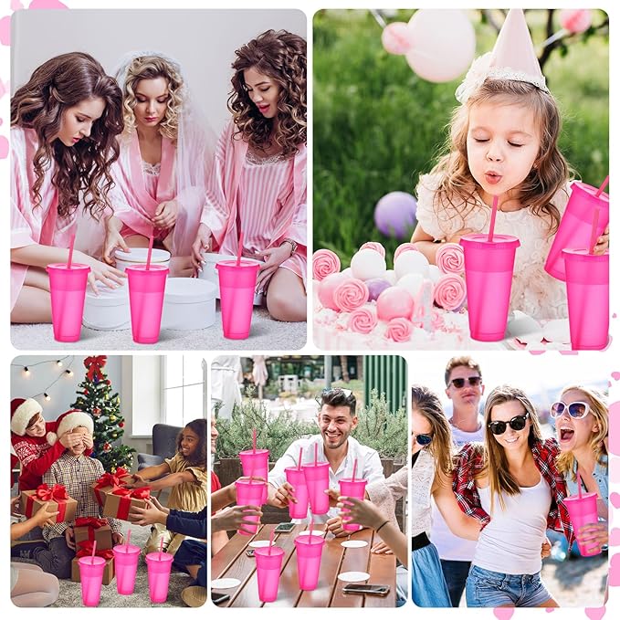 Honeydak 60 Pack Tumbler with Straw and Lid Bulk Glitter Plastic Cups Water Bottle Iced Coffee Travel Mug Reusable Party Favor Cups for Birthdays travel 24-27 oz (Hot Pink)