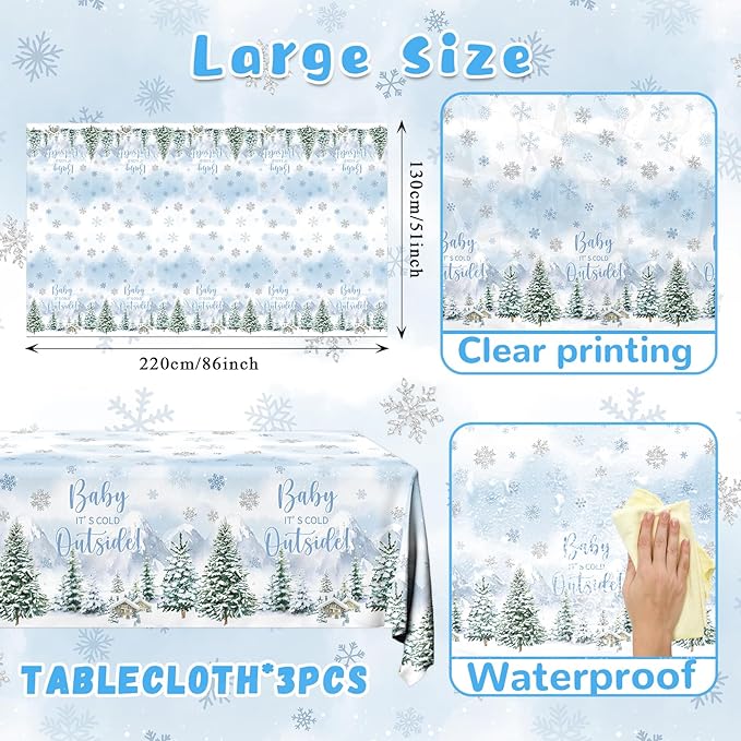 Baby It's Cold Outside Baby Shower Decorations, 3pcs Blue Winter Woodland Plastic Tablecloth Rectangle Table Cover for Christmas Baby Shower Party Decorations Boys
