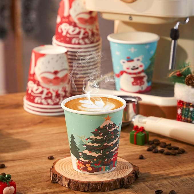 SIUQ 100 Pack 10 oz Christmas Disposable Coffee Cups, Thickened Christmas Paper Cups for Hot/Cold Beverage, Tea, Coffee, Hot Chocolate, Xmas Party Cup Ideal for Home, Cafes, Store, Holiday