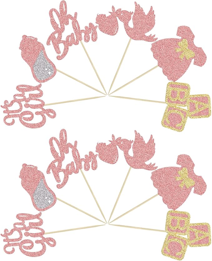 24Pcs Baby Shower Oh Baby Cupcake Toppers Rose Gold Glitter Bow Dress Bottle Swan It's a Girl Cake Picks Decorations for Baby Shower Gender Reveal Girls Birthday Party Supplies