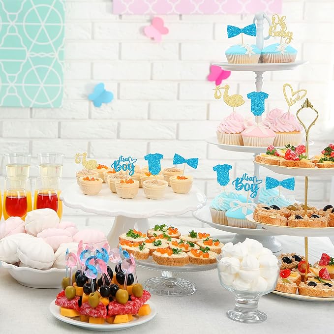 Gyufise 36 Pack Oh Baby Cupcake Toppers Assembled It's a Boy Cupcake Toppers with Tie Onesie Love Heart Glitter Cake Picks Decorations for Baby Shower Boy Birthday Party Supplies
