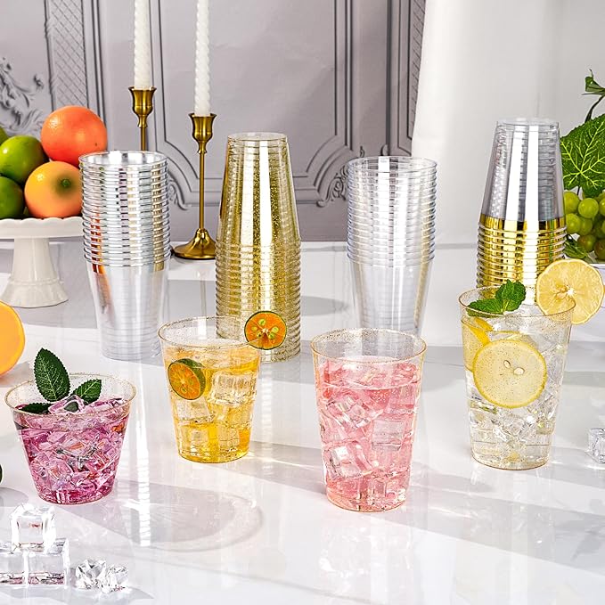 Goodluck 14 oz 200 PCS Gold Glitter Plastic Cups, Disposable Glitter Cups, Elegant Plastic Cocktail Glasses, Fancy Party Cups for Wedding, Birthday, Holiday