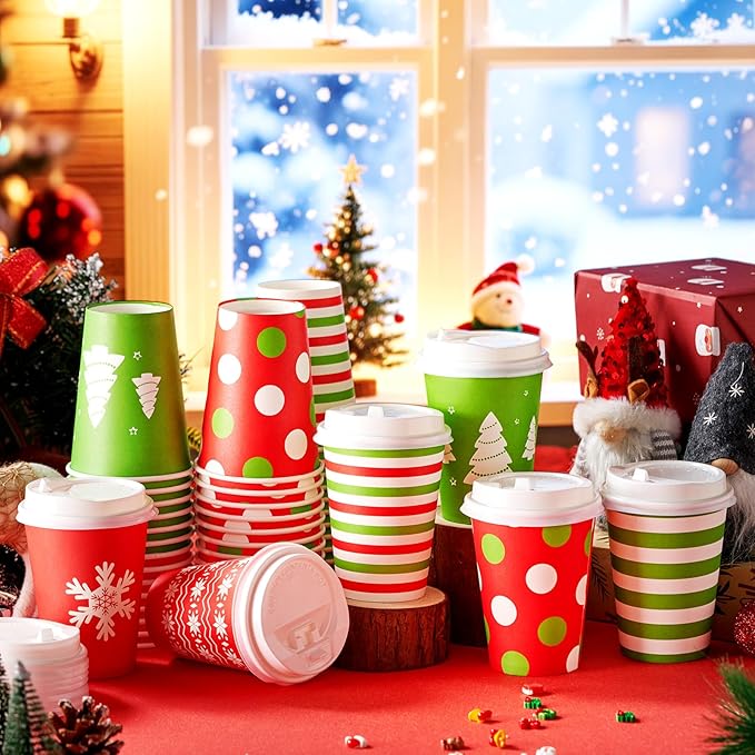 Yungyan 120 Sets Christmas Disposable Coffee Cups with Lids 12 oz Snowflake Paper Cups Xmas Hot Cocoa To-go Coffee Mug for Hot Cold Drinks Chocolate Tea Beverage Christmas Party Supplies