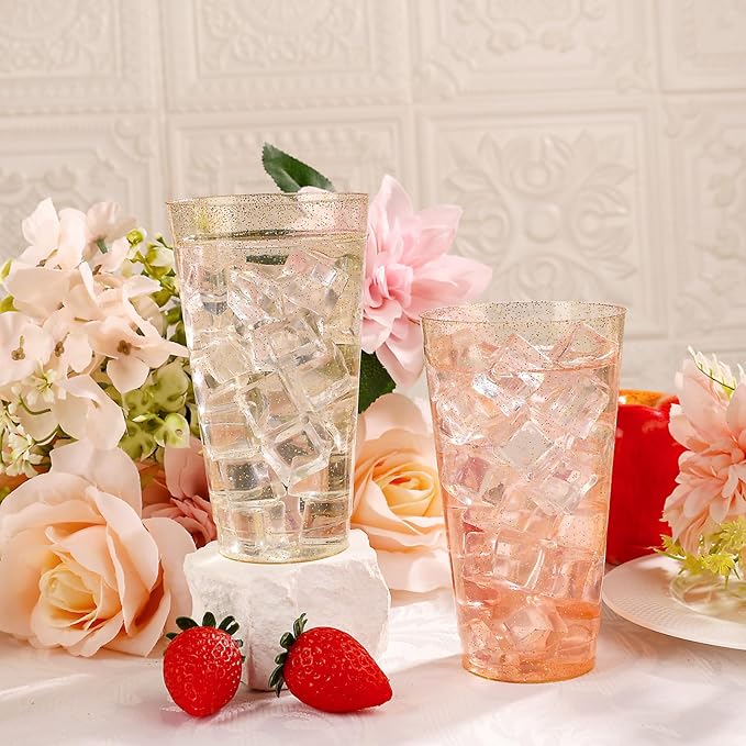 I00000 16 oz Gold Plastic Cups, 100 Pack Gold Glitter Plastic Cups Tumblers Disposable Party Cups Wedding Cups, Heavy-duty Plastic Disposable Cups Ideal for Halloween,Thanksgiving & Christmas Parties