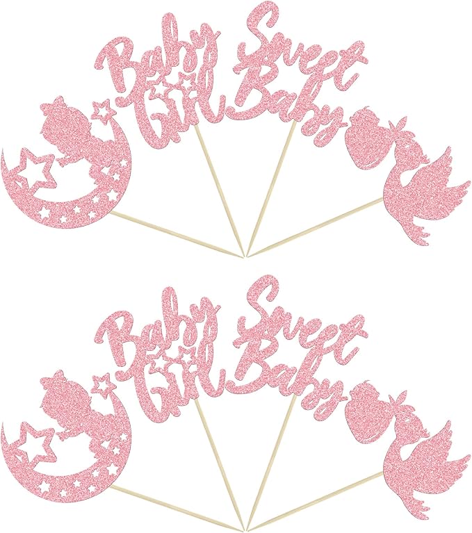 24Pcs Baby Girl Cupcake Toppers Pink Glitter Moon Star Sweet Baby Girl Cupcake Picks Decorations for Gender Reveal Baby Shower Kids Girls Birthday Party Supplies