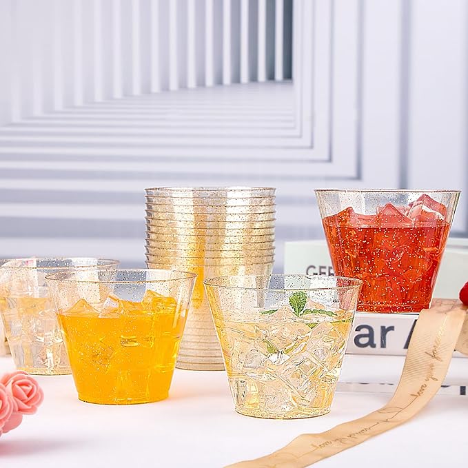 I00000 200pcs Gold Plastic Cups - 9 OZ Hard Gold Glitter Disposable Cups for Cocktail & Drinking - Premium Disposable Plastic Glasses with Gold Glitter for Fancy Wedding Cups Elegant Party Glasses