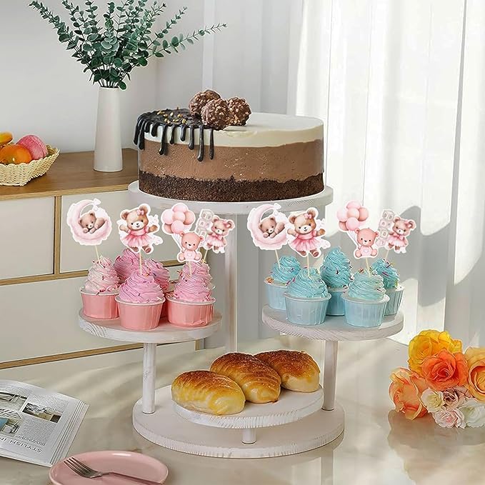 Gyufise 32Pcs Baby Shower Bear Cupcake Toppers Moon Baby Bear Baby Shower Cake Topper Decorations Jungle Animal Theme Birthday Party Cake Supplies Pink