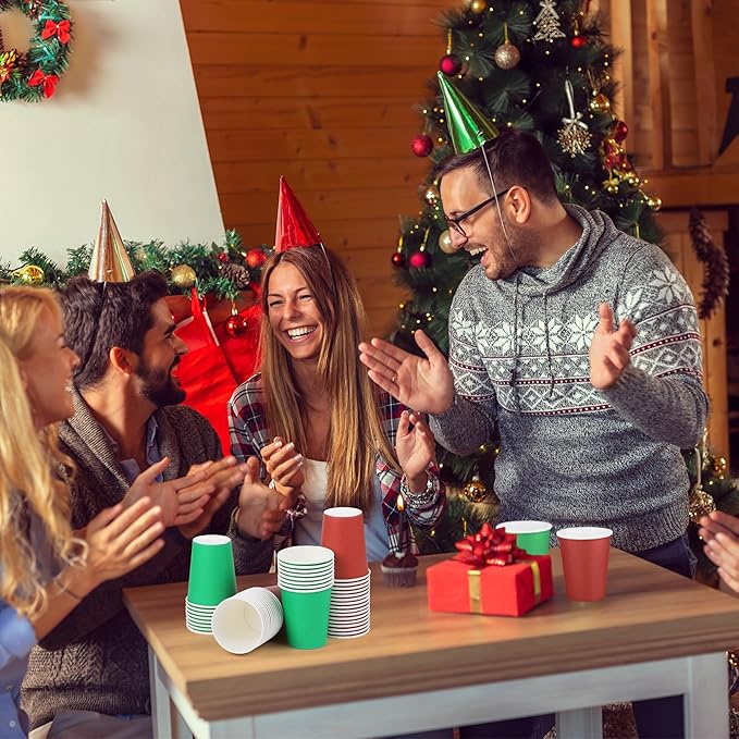 URATOT 60 Pieces 9 Ounce Disposable Paper Cups Christmas Party Cups Red Green Drinking Cups for Party, DIY, and Holiday, 2 Colors