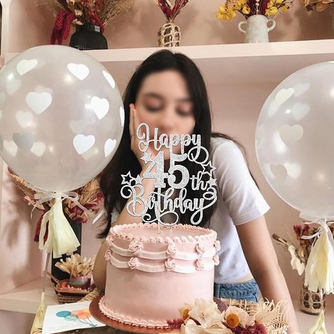 1 PCS Happy 45th Birthday Cake Topper Glitter Cheers to 45 Years Birthday Cake Pick Hello 45 Fabulous Cake Decoration for Happy 45th Birthday Anniversary Party Decorations Supplies silver