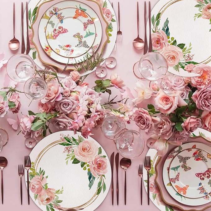 100 Pack Paper Placemats Disposable Pink Floral Wedding Disposable Placemats 13.7 Inch Rose Floral Round Place Mats Spring Summer Table Mats for Birthday Wedding Anniversary Bride Party Supplies