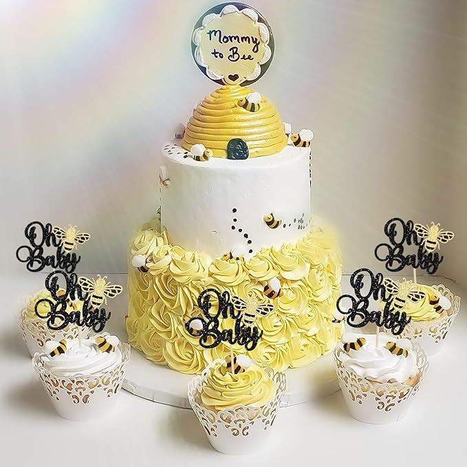 24Pcs Bee Oh Baby Cupcake Toppers Glitter Oh Babee Cupcake Picks Bumble Bee Theme Baby Shower Kids First Birthday Party Cake Decorations Supplies Black