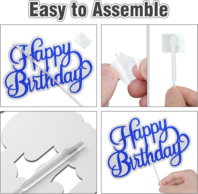 Happy Birthday Cake Toppers, Silver Blue, 7 Pieces, Glitter Cake Decorations for Boys Girls