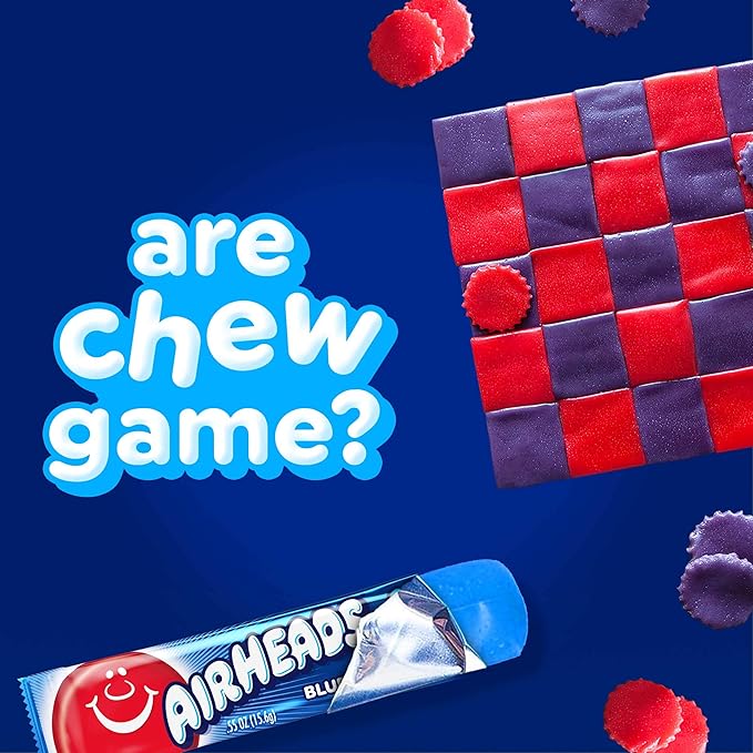 Airheads Full-Size Candy Bars, Taffy Candy Bulk Pack, Individually Wrapped, Blue Raspberry Fruit Flavor Artificially Flavored, 36 Count Box