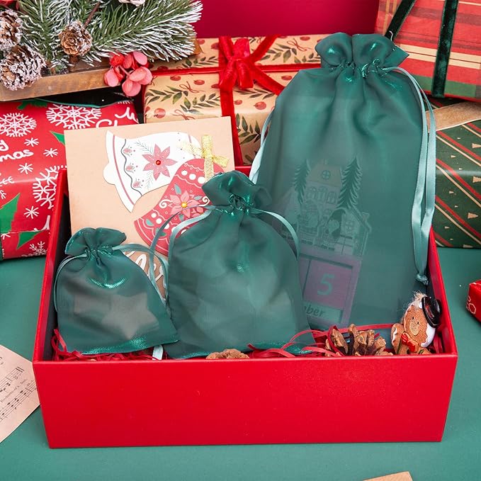 QIANF 20 Pcs Dark Green Small Organza Bags 4X6 inch for Wedding Favors with Drawstring, Mini Mesh Gift Bags Jewelry Pouch for Candy Bridal Shower Party Favor Baby Shower Christmas