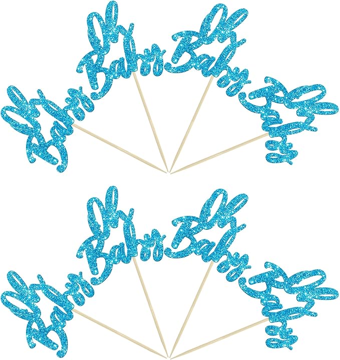 24Pcs Oh Baby Cupcake Toppers Glitter Baby Shower Cupcake Picks Gender Reveal Theme Cake Decorations for Baby Shower Kids Boys Girls Birthday Party Supplies Blue