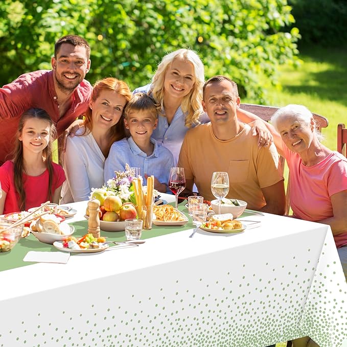 12Pcs White and Sage Green Tablecloth Decorations,Plastic White Table Cloth Printed Green Table Runner Disposable Rectangle Tables Cover for Birthday Wedding Anniversary Graduation Party,54 x108 Inch