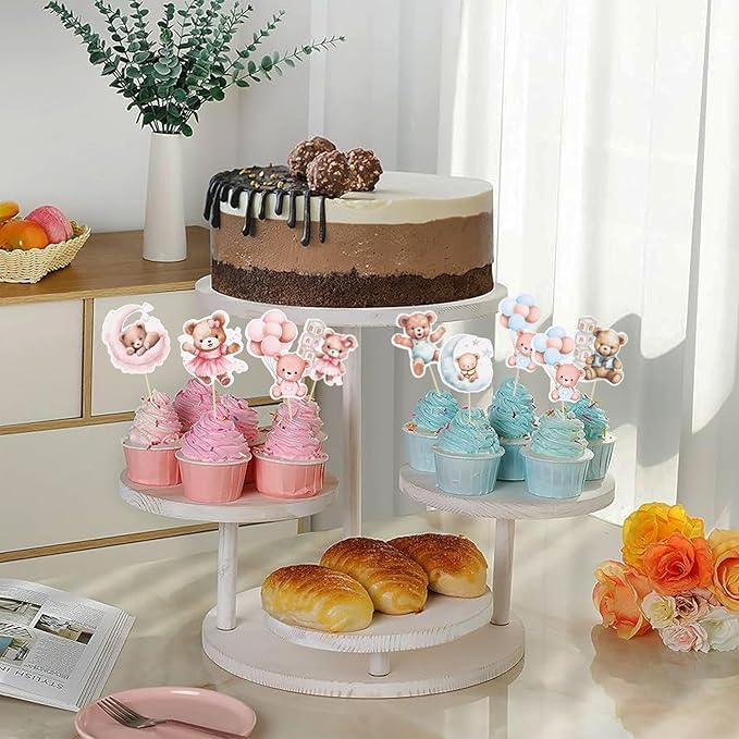 Gyufise 32Pcs Baby Shower Bear Cupcake Toppers Moon Baby Bear Baby Shower Cake Topper Decorations Jungle Animal Theme Birthday Party Cake Supplies Blue Pink