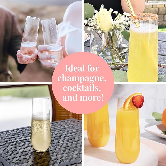 Prestee 48 Pack Plastic Champagne Flutes 9 oz - Stemless Disposable Champagne Flutes for Cocktails Mimosa Bar and Party Supplies - Clear Shatterproof Plastic Wine Glasses for Wedding and Summer Party