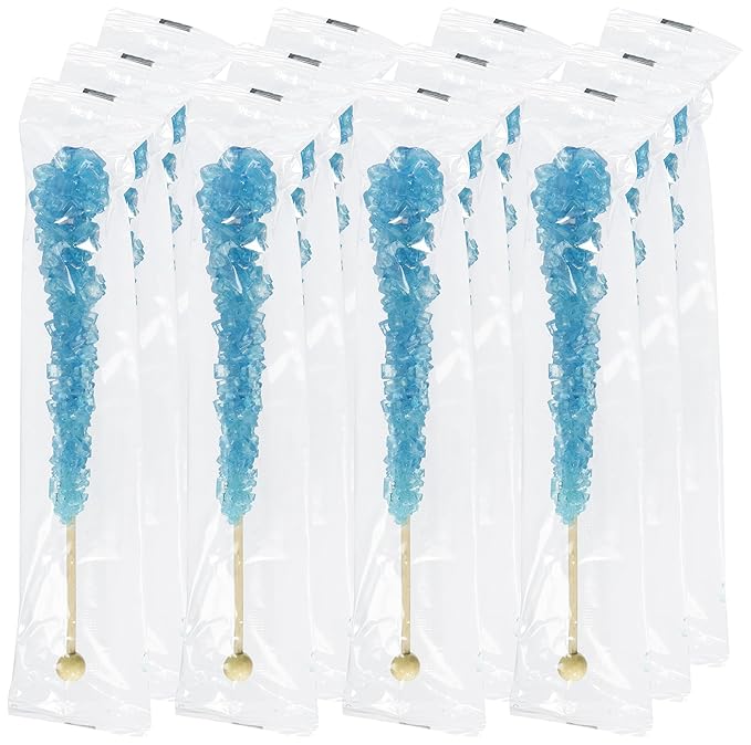 Blue Rock Candy Sugar Sticks - Blue Raspberry Flavored - 12 Individually Wrapped Party Favors