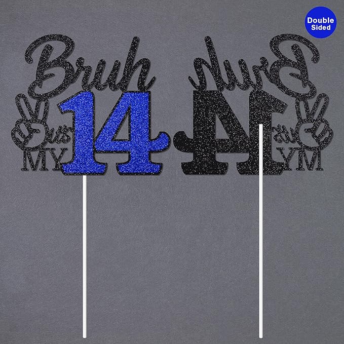1 Pcs Bruh I'm 14 Cake Topper, Happy 14th Birthday Cake Pick, It's My 14th Birthday Party Decoration For Boys, Funny Boy Cheers To 14 Year Party Supply(Blue & Black)