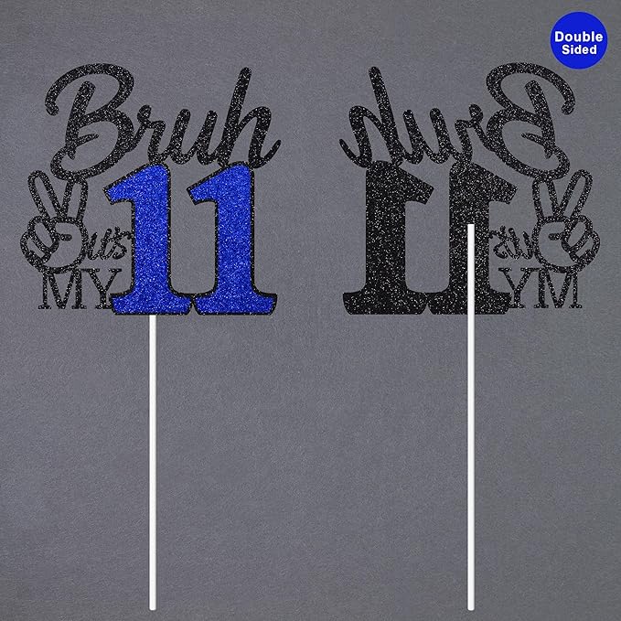 1 Pcs Bruh I'm 11 Cake Topper, Happy 11th Birthday Cake Pick, It's My 11th Birthday Party Decoration For Boys, Funny Boy Cheers To 11 Year Party Supply(Blue & Black)