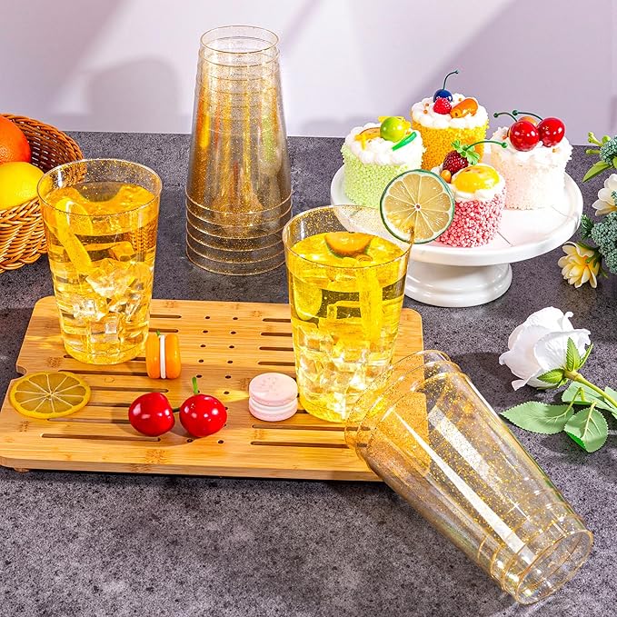 I00000 50 Pack 20 oz Gold Plastic Cups, Gold Glitter Cups Disposable Plastic Wine Glasses Cocktail Glasses Premium Cup, 20 Ounce Glitter Disposable Tumblers for Party & Wedding