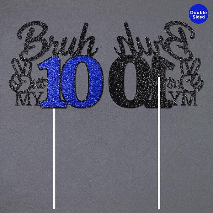 1 Pcs Bruh I'm 10 Cake Topper, Happy 10th Birthday Cake Pick, It's My 10th Birthday Party Decoration For Boys, Funny Boy Cheers To 10 Year Party Supply(Blue & Black)
