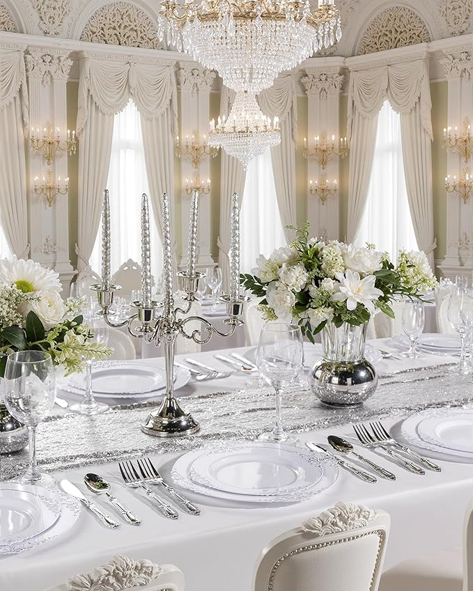 Nervure 300PCS Silver Plastic Silverware - Heavy Duty Disposable Cutlery Set,Luxury Silver Plastic Utensils include 100Pcs Forks, 100Pcs Spoons, 100pcs Knives Perfect for Wedding,Party,Daily Use