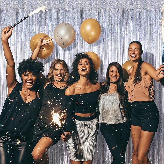 8 Pack 3.28 FT x 7.05 FT Tinsel Foil Fringe Backdrop, Glitter Silver Fringe Tinsel, Metallic Foil Curtains Door Streamer Disco Photo Backdrop Foil Streamer Decor Engagement Party Supplies