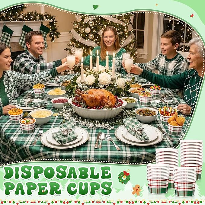 50 Pack 9 oz Christmas Soup Bowls Disposable Paper Cups Winter Themed Disposable Dessert Bowls Green White Plaid Paper Snack Cups for Hot and Cold Food Christmas Party Supplies