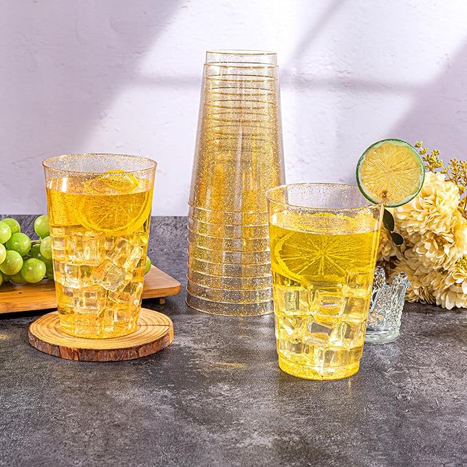 I00000 100 Pack 20 oz Gold Plastic Cups, Gold Glitter Cups Disposable Plastic Wine Glasses Cocktail Glasses Premium Cup, 20 Ounce Glitter Disposable Tumblers for Party & Wedding
