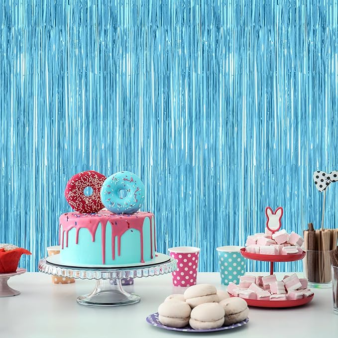 8 Pack Party Decorations, 3.28 FT x 7.05 FT Party Streamer, Metallic Sky Blue Tinsel Backdrop Fringe Curtains Party Decorations, Light Blue Birthday Backdrop Photo Booth Props