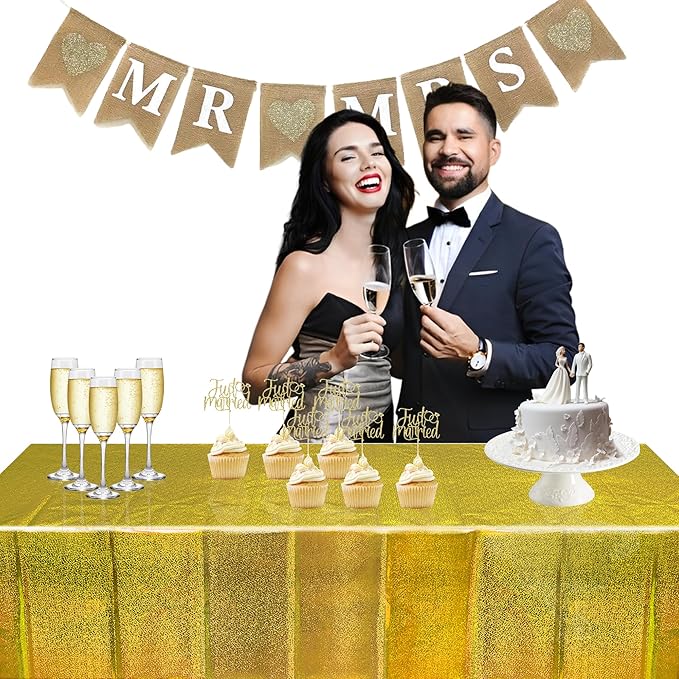 BRAVESHINE Gold Tablecloth Disposable Table Covers - Plastic Rectangle Table Cloth for New Years/Christmas/Men Birthdays/Engagement/Anniversary/Luau Party Decorations - 2 Set 108" x 54"