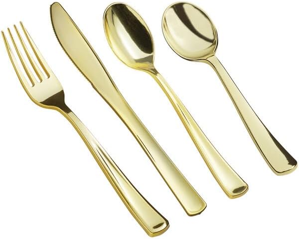 Classic Heavy Weight Gold Cutlery Kit, 100 Piece Plastic Flatware Set, Disposable Metallic Silverware for Weddings and Parties