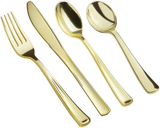 Classic Heavy Weight Gold Cutlery Kit, 100 Piece Plastic Flatware Set, Disposable Metallic Silverware for Weddings and Parties