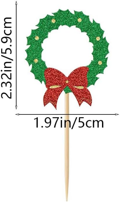 24Pcs Christmas Wreath Cupcake Toppers Glitter Red Green Christmas Garland Cupcake Picks for New Year Baby Shower Birthday Party Decoration