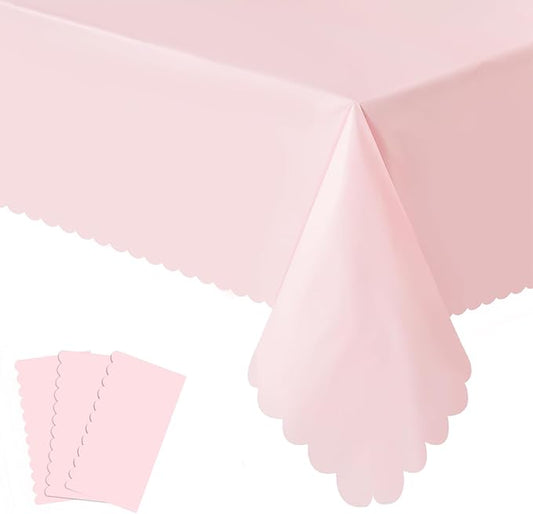 3 Pack Plastic Light Pink Tablecloth, Disposable Scalloped Edge Table Cloth Waterproof Rectangle Pink Table Cover for Birthday Bridal Wedding Baby Shower, 54 X 108 Inch