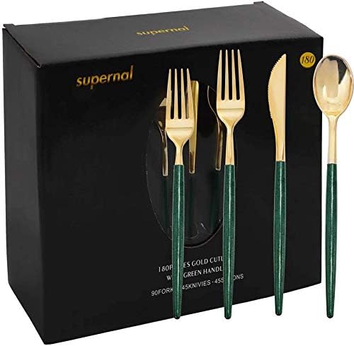 Supernal 180pcs Gold and Green Plastic Silverware Extra Heavy Duty Gold Plastic Cutlery with Green Glitter Handle Disposable Flatware for Parties, Weddings, and Outdoor Events