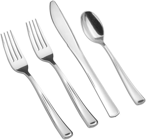 Classic Silver Plastic Cutlery Set, Heavy Weight, 4-Piece, 50 Pack, Disposable Flatware for Weddings and Events