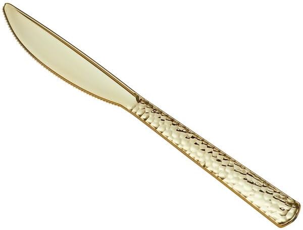 Hammered Gold Plastic Knife, 7.5 Inch, Heavy Weight, Disposable Flatware for Weddings and Parties, 25 Pack
