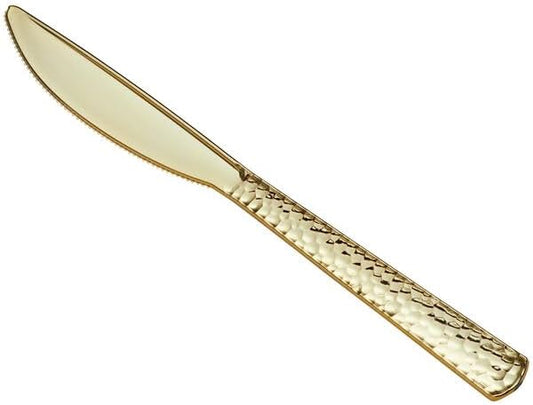 Hammered Gold Plastic Knife, 7.5 Inch, Heavy Weight, Disposable Flatware for Weddings and Parties, 25 Pack