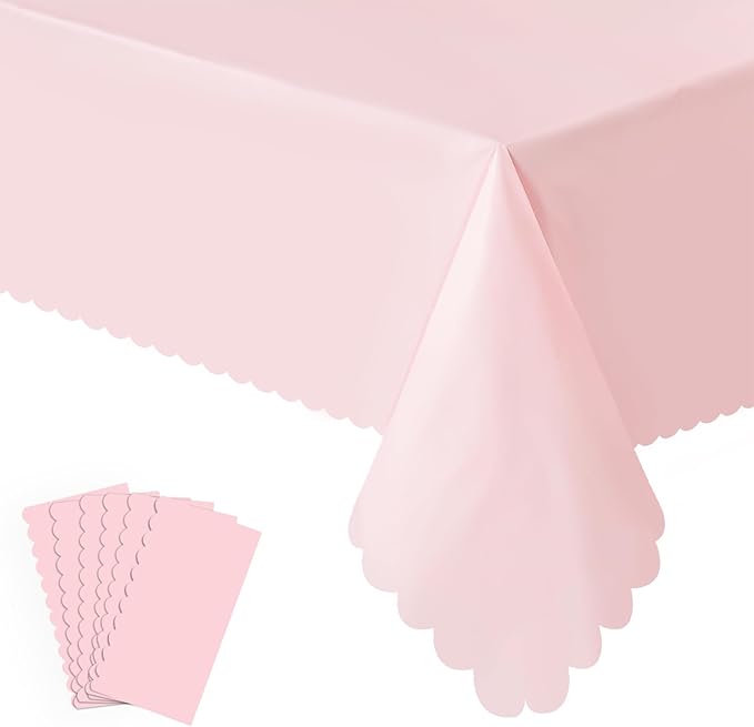 6 Pack Plastic Light Pink Tablecloth, Disposable Scalloped Edge Table Cloth Waterproof Rectangle Pink Table Cover for Birthday Bridal Wedding Baby Shower, 54 X 108 Inch