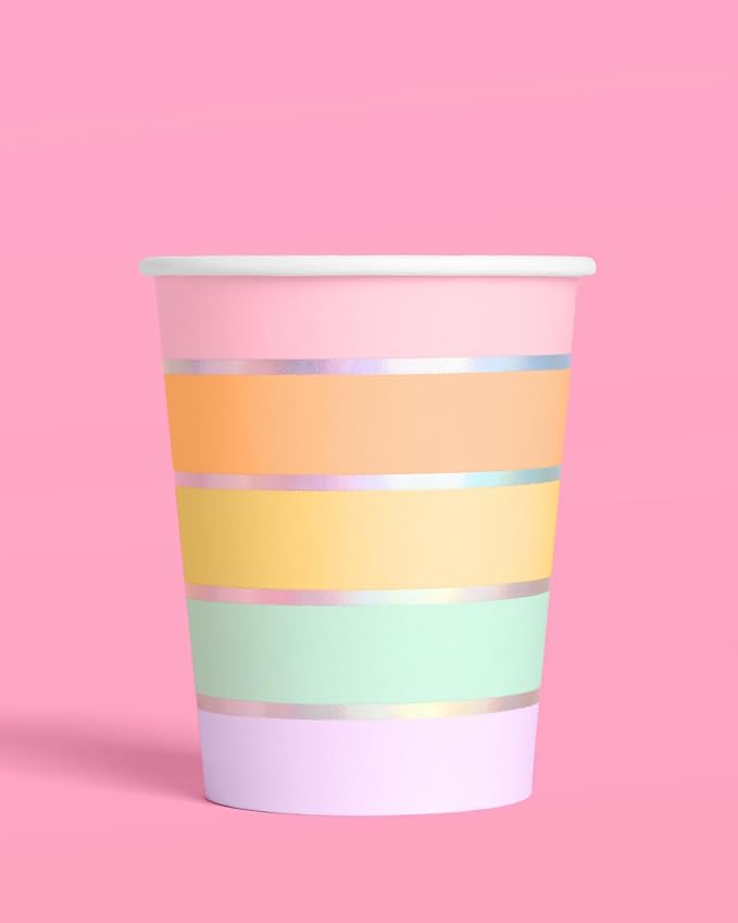xo, Fetti Iridescent Rainbow Paper Cups - 12 oz, 24 pcs | Pastel Party Drinkware, Cute Dinner Party Setting, Bachelorette Decoration, Kids Birthday Tablescape
