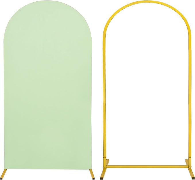 Metal Arch Stand and Cover Set,1 Sage Green Spandex Fitted Backdrop with 1 Gold Wedding Arched Stand Frame for Parties Birthday Baby Shower Bridal Banquet Decoration (6.6FT)